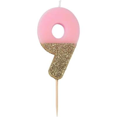 Bild av Rosa nummer 9 nio födelsedagsljus med guldglitter Premium kvalitet tårtdekoration Vacker, glittrande för barn, vuxna, 9:e, 90:e födelsedagsfest, årsdag, milstolpe ålder BDAY CANDLE