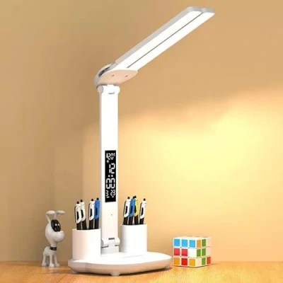 Bild av LED Desk Lamp With Clock Display Dimmable 3 Color Temperatures Adjustable Light Angle Pen Holder Touch Button Control