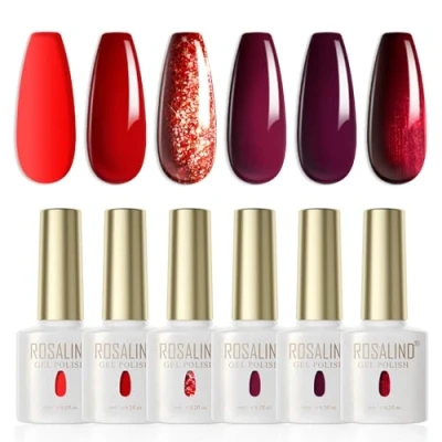 Bild av ROSALIND UV nagellack Röd, 6 färger Röd Bourgogne Mörk Glitter Shellac Soak Off LED Gel Polish Set Nail för Studio Design