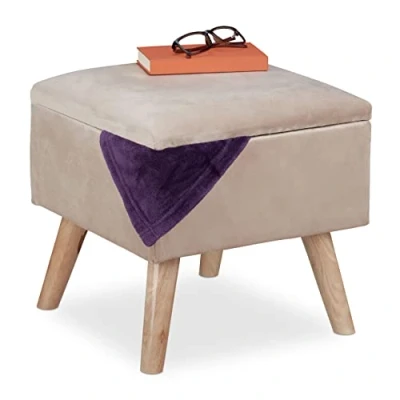Bild av Relaxdays Sammetspall med förvaringsutrymme, vadderad, fyrkantig, träben, vardagsrumsittpall, HBT: 40 x cm, gräddvit