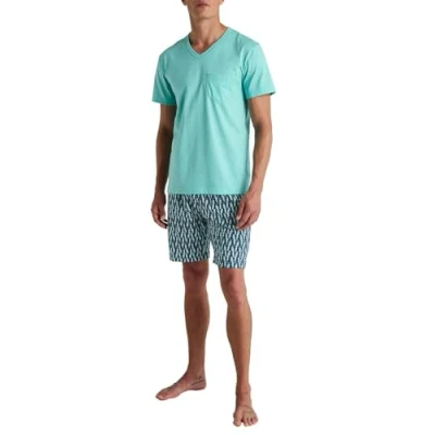 Bild av CALIDA Relax Imprint kort herrpyjamas, tillverkad av 100% bomull, lättskött, elastisk och formstabil, i singel jersey, Blekt aqua, 46 48