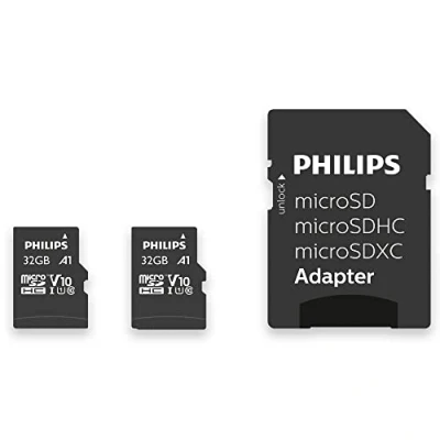 Bild av Philips Ultra Speed Micro SDHC kort 2x 32 GB + SD adapter UHS I U1, läshastighet upp till 80 MB/s, A1 Fast App Performance, V10, minneskort för smartphones, surfplattor, PC, kortläsare, Full HD video