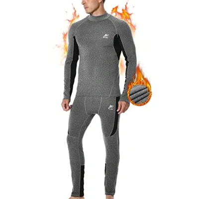 Bild av MeetHoo Termiska underkläder för män, fleecefodrade Long Johns baslager set topp botten skidåkning, löpning, kallt väder, Polokrage grå, XL