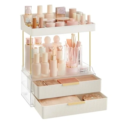 Bild av SONGMICS 4 stegs sminkorganisatör, vårdförvaring, avdelare, badrumshyllorganisatör, toalettbord, sovrum, kök, 20 x 32 39,1 cm, molnvit JKA021W01