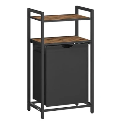 Bild av VASAGLE tvättkorg, smutsad klädkorg, 1 fack förvaring, avtagbar Oxford tygpåse, 2 hyllor, metallram, 65 liter, rustik brun och svart BLH212B01