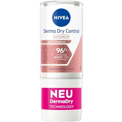 Bild av NIVEA Derma Dry Control Maximum deodorant Roll on (50 ml), mot stark svettning, hudvänlig antiperspirant för 96 timmars skydd och en smidig hudkänsla