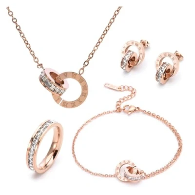 Bild av RPAEOY Smyckesset för kvinnor och flickor zirkonium Rostfritt stål romerska siffror cirkel guldpläterade hänge halsband örhängen armbandset smycken set brudsmycken (roséguld),