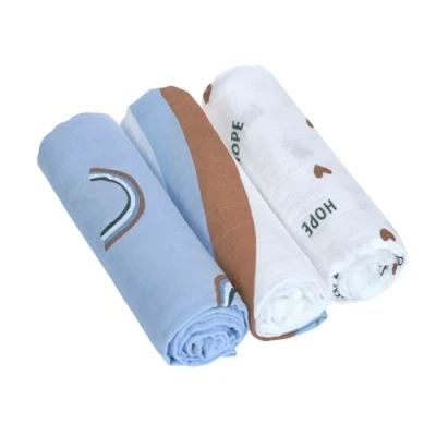 Bild av Casual Baby Muslinduk dregellock skötfilt set om 3 bomull 80 x cm/Heavenly Soft Swaddle L Happy Rascals himmelsblå