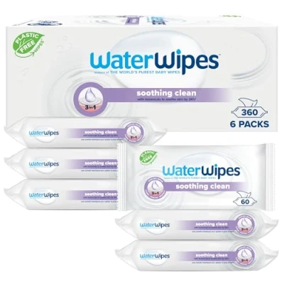 Bild av WaterWipes Soothing Clean Baby Wipes, 360 lindrande våtservetter för barn (6 Packs), med 99% vatten och botaniska extrakt, ansikte kropp