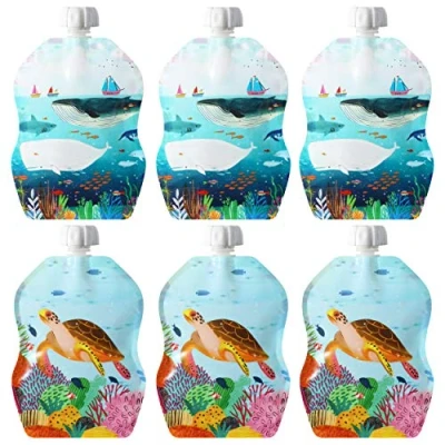 Bild av ChooMee återanvändbara förvaringspåsar för barnmat, 237 ml perfekt smoothies och puréer säker dragkedja med dubbla lås, bred botten, BPA fri SnakPack Sealife 6 CT