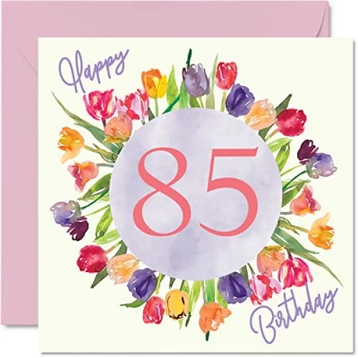 Bild av Vackert födelsedagskort till 85 årsdagen Födelsedag för kvinnor akvarelltulpaner, blombukett kort på födelsedagen henne, mormor, barnflickor, födelsedagspresent, 145 mm x