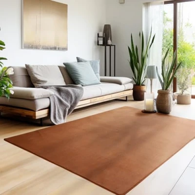 Bild av HomebyHome matta med kort lugg vardagsrum 240 x 340 cm brun tvättbar för sovrum, matsal och perfekt som köksmatta fluffig extra mjuk, enfärgad, halkfri, modern