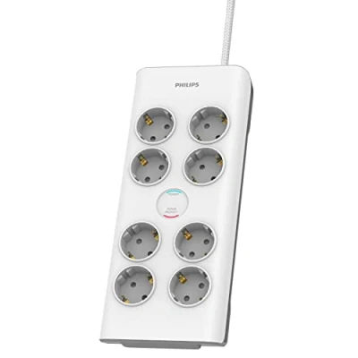 Bild av Philips SPN7080WA/10 grenuttag med 8 uttag, strömlåsning, 3 680 W, flätad strömkabel, 2 m hög hållfasthet, säkerhetslås (Prot LED display 900J), vit