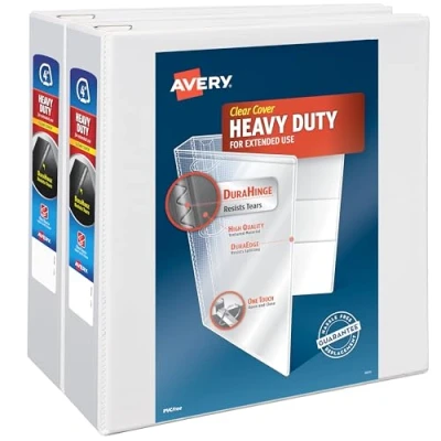 Bild av Avery Heavy Duty View 3 ringpärmar, 10 cm en knapp, vinklad ring, rymmer 21,5 x 28,9 papper, 2 vita pärmar (79875)