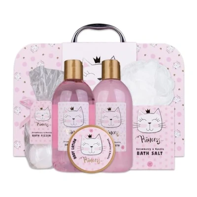 Bild av Accentra Princess Kitty presentset för tjejer och kvinnor 7 delat duschset med bubbelbad, badbomber, duschtvål, bodylotion mera vårdset jordgubbs vaniljdoft i söt pappersfodral