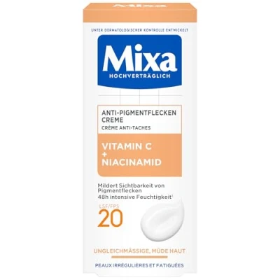 Bild av Mixa Anti pigmentfläcks kräm, för ojämn, blek och känslig hud med C vitamin niacinamid, lämplig ansikte hals, SPF 20, allergivänlig, 50 ml