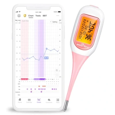 Bild av Easy@Home basal termometer, Förutspår Ägglossning med APP Premon(ios och Android), Stor skärm bakgrundsbelyst, Automatisk BBT Synkronisera, tabell (med Bluetooth) röd