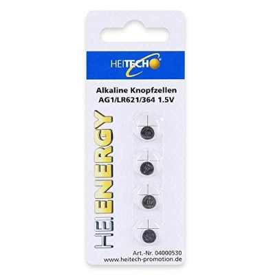 Bild av HEITECH 4 pack AG1 alkaliska knappcellsbatteri 1,5 V LR60/L621/LR621/SR60/SR621/SR621SW /164/364 knappbatterier läckagesäkra och med lång hållbarhet