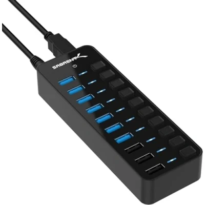 Bild av SABRENT USB hub aktiv 3,2 x 1 + strömförsörjning 60 W 10 port (7 3.2 3 laddningsportar) adapter flerfaldig förlängning, distributör, Powered med på/av brytare (HB B7C3)