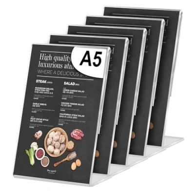 Bild av HOSPAOP 5 x stativ A5, bordsstativ i akryl sned L broschyrstativ transparent DIN A5 hög med dubbelsidig tejp för affischer flygblad menkort, prislappar bröllop