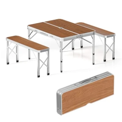 Bild av Wiltec bord med två bänkar, hopfällbart till väska, trädesign, 90 x 66 70 cm, fällbart campingbord, sittgrupp