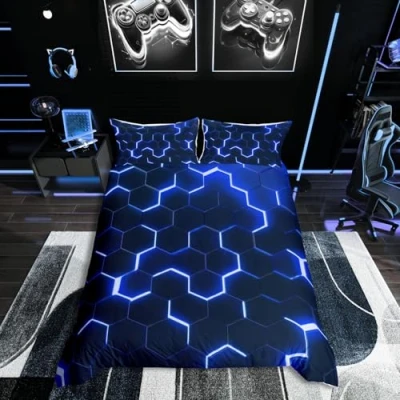 Bild av Homewish Honeycomb täcke skydd neon ljus geometrisk sängkläder set enkel för barn pojkar tonåringar, geometri sexkantigt påslakan mjuk mikrofiber dragkedja 1 kuddöverdrag blå svart rum dekor