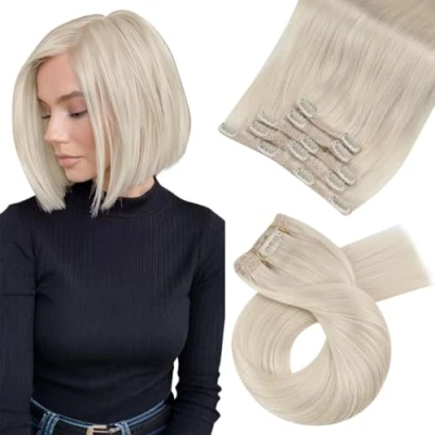 Bild av Moresoo blond Clip Extensions äkta hår kvalitativa förlängningar Remy in dubbel platinablond #60 80 g, 25 cm, 5 träffar