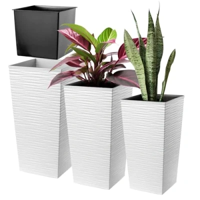 Bild av Kadax blomkruka set, av plast, väderbeständig för inomhus och utomhus, utomhusbruk, (vit set om 3)