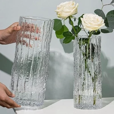 Bild av QEEYON glasvas modern cylinderglas vas stor dekoration vaser handgjorda glacier klar med massiv isbotten glas blomvas för hemmakontor bröllop dekor present jul (30 x 10 cm)