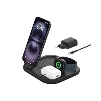 Bild av Belkin BoostCharge 3 i 1 magnetisk hopfällbar Qi2 laddare 15 W MagSafe kompatibel laddare, för Apple iPhone 16, 15, 14, 13, 12, Watch, AirPods, strömförsörjning medföljer Svart