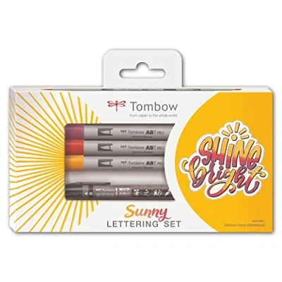Bild av Tombow LS ABTP, Sunny Lettering Set för färgstarka bokstäver, 3 x ABT PRO märkpennor &amp; Fudenosuke twin + instruktioner, perfekt start i bokstäver med alkoholbaserade markörer
