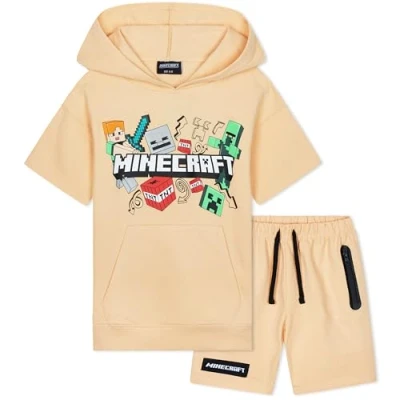 Bild av Minecraft huvtröja shorts träningsoverall set pojkar 2 st Creeper tonåringar spelare sommar kortärmad dragkedja fickor sport vardag träningskläder (7 8 år, persika)