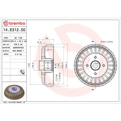 Bild av BREMBO 14.E312.50 Tambours de Frein avec kit roulement roue 228,6 PEUGEOT: 207 3/5 portes, SW, 208 I CITROËN: C3 II