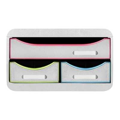 Bild av Exacompta Ref. 311913D SMALL BOX MINI 3 lådor 1 låda för A4+ dokument 2 smala små redskap mått 347 x 278 130 mm vit/arlekin/vit