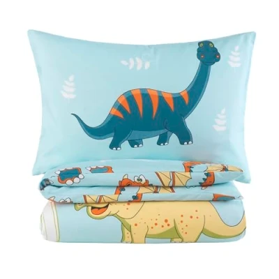 Bild av BaSaTex Barn baby sängkläder set för flickor och pojkar 100 x 135 cm + 40 60 % polyester mikrofiber dragkedja dinos drake blå/vit