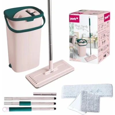 Bild av York Golvmopp Set Handy Platt, Svängbar med två Kammare Rengöringshink Mopp Urvridningsfunktion Våt torr Rengöring Torkarset Praktisk och Kompakt, Rosa grön, M, 4081710 001829