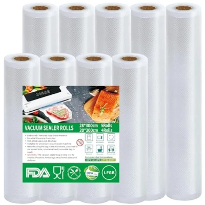 Bild av Votoko vakuumpåse livsmedel 9 rullar vakuumpåsar, 20 cm x 12 m 28 15 vakuumfolie, BPA fri, slitstark, 190 µm, vakuumfolierulle för alla vakuumförpackare, mikrovågsugnar, sous vide fryspåse