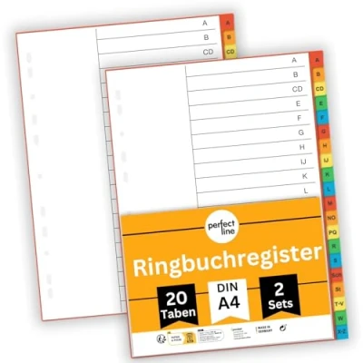 Bild av perfect line 3 pack AZ register A4 i färg med 20 flikar (3x20), 22,5 x 29,7 cm, försättsblad, kartong 5 färger, 160 g, perfekta separationsblad för att organisera pärmarna på kontoret