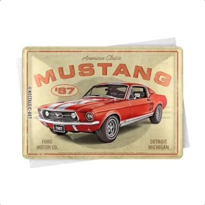 Bild av Nostalgic Art Retro gratulationskort, Ford Mustang GT 1967 Red presentidé för bilfans, plåtvykort, miniplåtskylt i vintagedesign, 10 x 14 cm