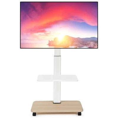 Bild av Rullande TV vagn för 32 70 tum platt/böjd LED/LCD/OLED justerbar höjd, bärbar, upp till 45 kg, golvstativ med bärbar DVD hylla sovrum/utomhus vit