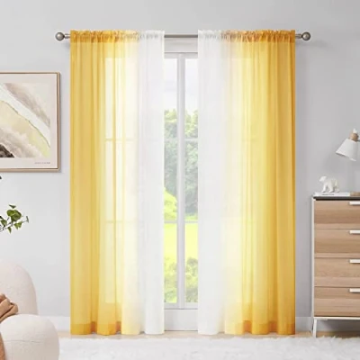 Bild av Melodieux gula ombre genomskinliga gardiner chiffong gul gradient stav fickvoiles, 142 x 228 cm, 2 paneler