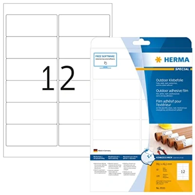Bild av HERMA 9533 väderbeständiga folieetiketter A4 (99,1 x 42,3 mm, 10 ark, polyeten, matt) självhäftande, utskrivbara, extremt stark häftande utomhus filmetiketter, 120 klistermärken, vit