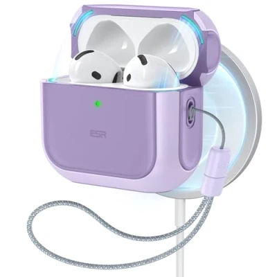 Bild av ESR för AirPods 4 fodral, kompatibel med 4:e generationen fodral (2024) (USB C), MagSafe, droppskyddskåpa snodd, magnetiskt locklås, orbit hybridfodral, lila
