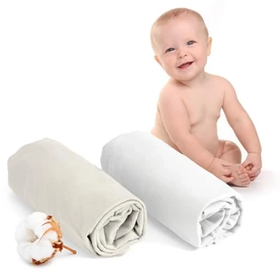 Bild av 2 ST JERSEY BOMULLSDRAPERIER För Madrass Set of (60 x 120 12 cm), Babysäng, Certifierade Fria Från Kemiska Produkter (OEKO TEX), Vit och Beige, Spännlakan Med Elastik