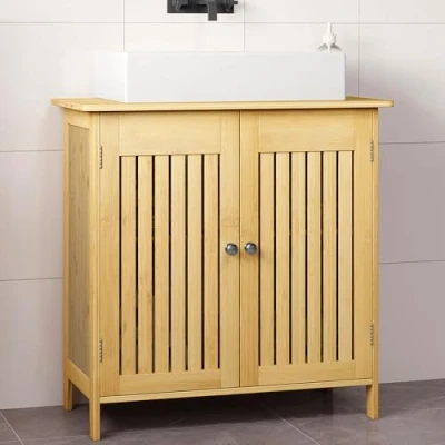 Bild av EUGAD Badrumshandfat i bambu, badrumsskåp, badrumsskåp under handfat, med dörrar, justerbar hylla, 2 fack, 60 x 30 cm