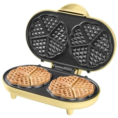 Bild av Bestron Dubbel våffeljärn för klassiska hjärtformade våfflor, med non stick beläggning, Sweet Dreams Collection, Färg: Gul