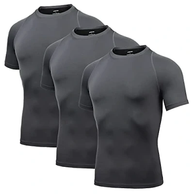 Bild av AMZSPORT Kompressionströja för män, kortärmade t shirts, snabbtorkande, gym, löpning, funktionella underkläder, 112025 grå x 3, XXL