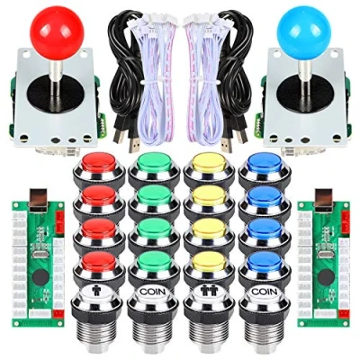 Bild av EG STARTS 2 Spelare Arkad Konkurrens DIY kit USB kodare till PC joystick + 8 sätt klistermärke Krom LED upplyst tryckknapp 1 &amp; myntknappar för Arcade Mame Raspberry Pi 3 3B Spel