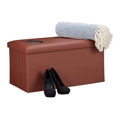 Bild av Relaxdays sittbänk med förvaringsutrymme, konstläder, vikbar, vadderad, hall, sovrum, HBT 37,5 x 76,5 38,5 cm, brun