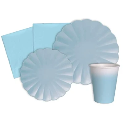 Bild av Party Tableware Set Flower Shape for 24 people (112 pcs: plates Ø23cm, Ø18cm, cups 200ml, 40 napkins 33x33cm) in eco friendly compostable paper, pastel sky blue